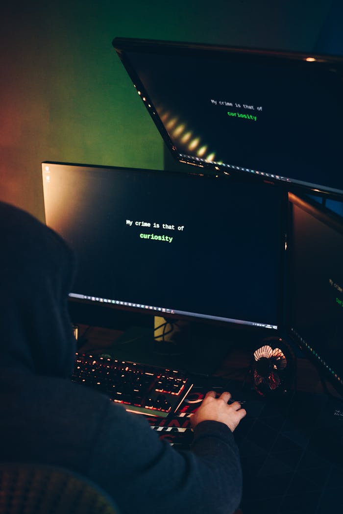 A faceless individual using multiple monitors highlighting cybersecurity threats in a dark room.