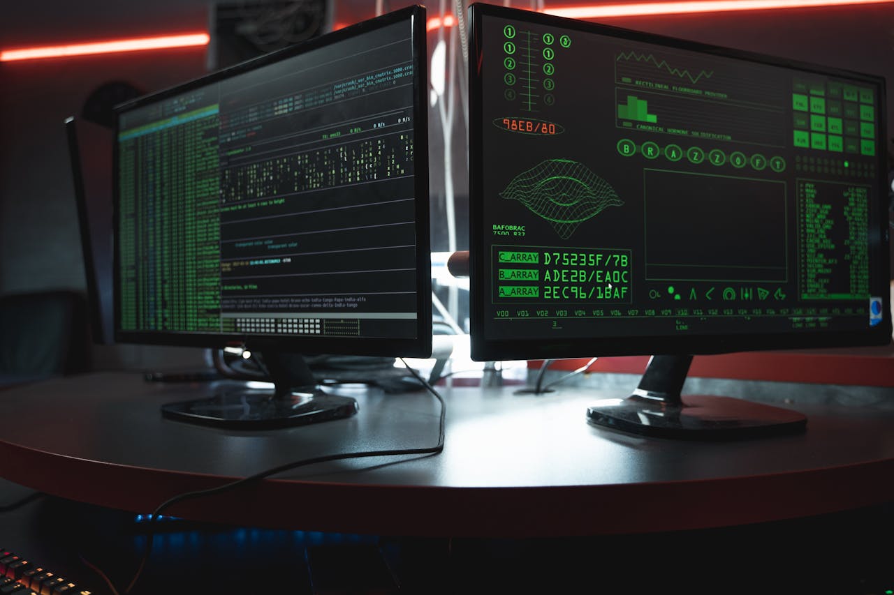 Close-up of dual computer monitors with green coding interfaces in a dark room, highlighting cyber security themes.